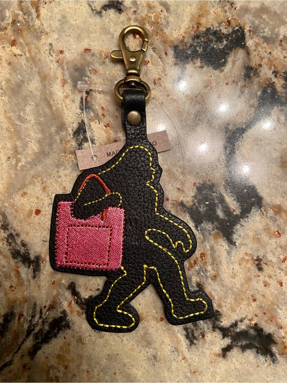 Black Leather Sasquatch Keychain with Pink Tote Accent - NEW